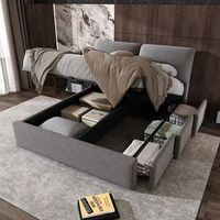 cama tapizada en terciopelo hidraulico con 3 cajones y baul de almacenamiento somier de lamas con cabecero 140x200 cm gris