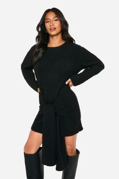 Vestido Petite Mini Oversize De Punto En Ochos Suave Con Atadura, Negro