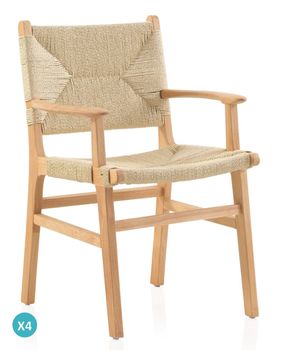 Pack 4 sillones madera de hevea con asiento y respaldo trenzado