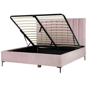 Cama Con Almacenaje Cabecero Acolchado Patas Negras Metal Terciopelo Rosa 180 X 200 Cm Sezanne