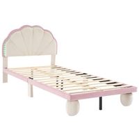 cama individual 90 x 200 cm - con tira de luz led multicolor - cama infantil - terciopelo - beige y rosa