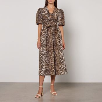 Ganni Printed Tie Strap Leopard-Print Cotton Midi Dress - EU 44/UK 16