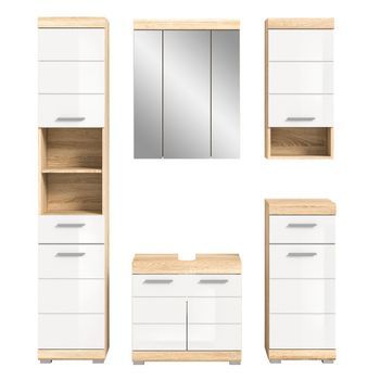 Conjunto De Baño Lewoto – 1 Columna, 1 Mueble Bajo Lavabo, 1 Armario Con Espejo Y 2 Medias Columnas – Blanco Y Roble