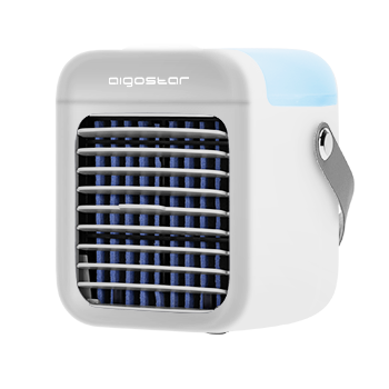 Aigostar Ice Cube - Ventilador humidificador portátil, sin cables. Depósito de 300ml, 3 velocidades, 2 modos de uso. Lámpara LED 7 colores, luz nocturna. Asa de transporte.  Diseño mini, compacto.