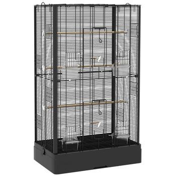 PawHut Jaula para Pájaros 61x36,5x98 cm con 8 Puertas 5 Perchas Bandeja Extraíble y 4 Comederos para Periquitos Pinzones Negro   Aosom España
