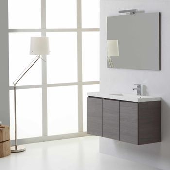 Mueble De Baño Suspendido De 90 Cm Con 3 Puertas En Gris Y Lavabo De Resina De Mármol | Manhattan