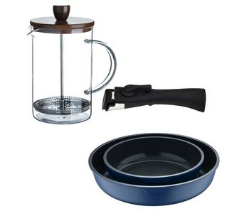Bergner click&cook juego de 2 sartenes ø22ø26cm aluminio fundido azul con mango desmontable+cafetera de émbolo de vidrio borosilicato 15,8x10x18,8cm