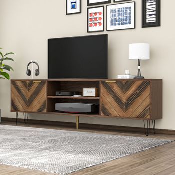 Mueble De Tv, Aparador Bajo, Puertas De Madera Maciza, Tiradores Dorados, Patas De Hierro, Con Almacenaje, Color Madera Natural (155x38x48 Cm)