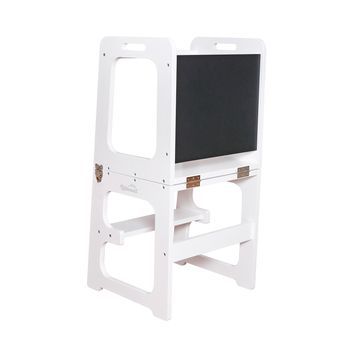 Torre De Aprendizaje Plegable Montessori Robincool Evolutive Ii Blanca 43x40x86cm Convertible En Mesa Y Silla
