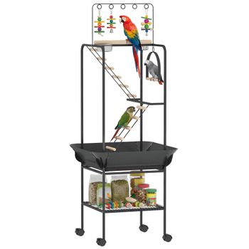 PawHut Parque de Juegos de Pájaros con Ruedas Escaleras Columpio Protector de Semillas Bandeja Comederos Perchas 63x63x163 cm