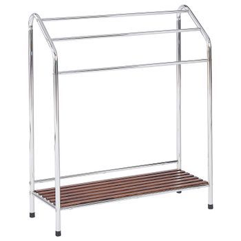 Toallero De Metal Plateado Madera Oscura 3 Rieles Accesorio De Pie Moderno Baño Muriva
