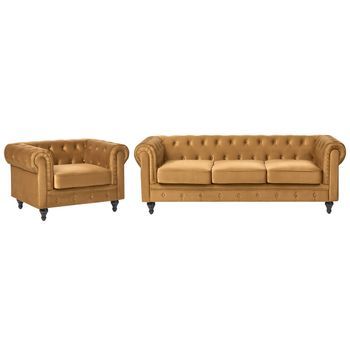 Conjunto De Salón Chesterfield Tapizado En Tela De Terciopelo Sofá 3 Plazas Sillón Patas De Madera Oscura Estilo Contemporáneo Dorado Chesterfield