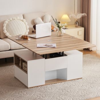 Mesa De Centro Elevable Blanca Y Color Madera, 100 X 51 Cm, Con Almacenamiento