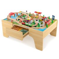 costway mesa de juegos de tren de 84 piezas de madera maciza para ninos vias de tren para ninos y ninas 3 anos 97 x 625 x 395 cm natural