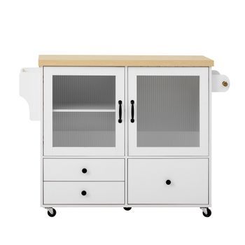 Isla De Cocina Móvil - Mesa De Comedor Extensible - Carrito De Cocina Con Portavasos - Blanco
