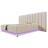 cama de lino beige 180 x 200 cm con cabecero ancho canape led y usb-c