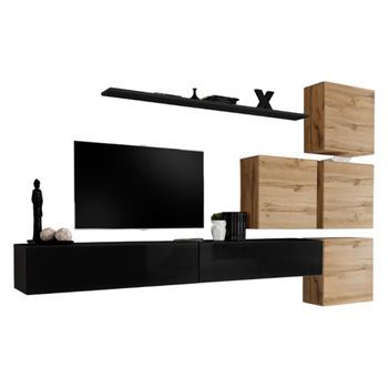 Conjunto De Muebles De Salón Mural Switch Ix Diseño, Color Negro Brillante Y Roble Wotan.