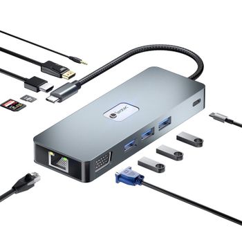 Leotec LEDS03 Docking Station 11 en1 Plus USB-C PD 100W / HDMI 4K / VGA / DP / USB 3.2 / RJ 45 / MSD