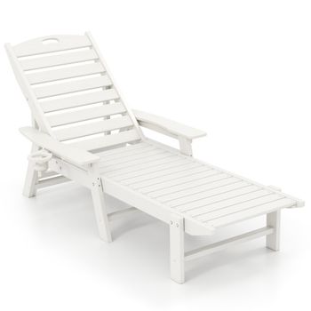 Costway Tumbona de Relax con Respaldo Ajustable en 4 Posiciones Portavasos y Reposabrazos para Piscina Patio 196-169 x 75 x 31,5-65 cm Blanco