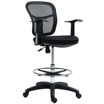 HOMCOM Silla giratoria con anillo reposapiés y respaldo curvo, en poliéster, espuma y plástico, 55x58x94 cm, Negro   Aosom España