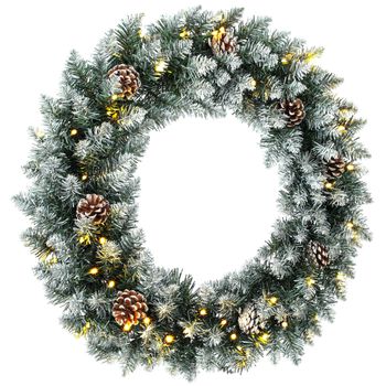 HOMCOM Corona de Navidad para Puerta Efecto Nevado de 60 cm con 50 Luces LED 8 Modos Piñas para Balcón Paredes Ventanas