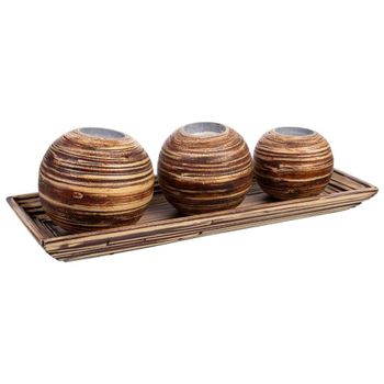 Juego bandeja y 3 portavelas de madera de bambú marrón 33x13x3 cm