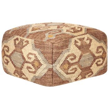 Puf De Yute Rojo Beige 50 X 50 Cm Reposapiés Lana Patrón Geométrico Urpad