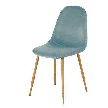 Silla de terciopelo azul celadón y patas de metal efecto roble