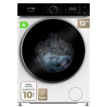 EVVO Lavadora 12 kg carga frontal Nature R12, 1400 rpm, Clase  A, Motor Inverter , 13 programas, Modo nocturno, Blanco e inox