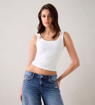 Guess para mujer. W6YP51K4539 Top de tirantes con logo blanco (M), Casual, Algodón, Sin mangas / Tirantes