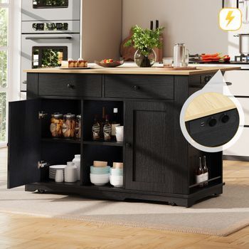 Isla De Cocina Con Mesa Plegable, Ruedas Y Enchufes Laterales, 151,5 Cm, Negra