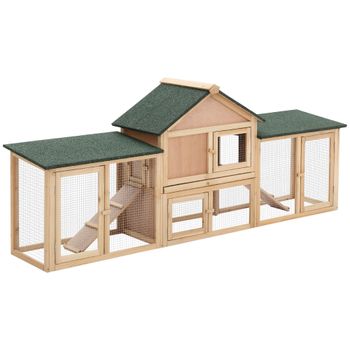 PawHut Conejera de Exterior con Techo Asfáltico Recinto de Alambre y Rampas para 2-4 Conejos 210x45,5x84,5 cm Natural y Verde   Aosom España
