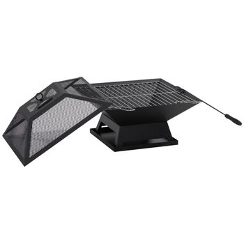 Outsunny Brasero Exterior de Acero 45x45x34cm Pozo de Fuego para Jardín con Protector de Chispas Atizador para Hogueras Terraza Negro   Aosom España
