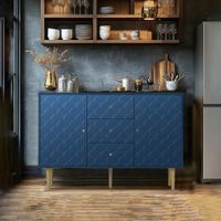 aparador de cocina azul tallado con cajones y puertas dorados