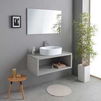 Mueble De Baño Suspendido De 100cm En Cemento Con Lavabo Redondo Y Espejo 80x60 Kyoto