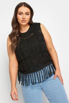 Yours Top Negro De Calados Sin Mangas Con Flecos, Mujer Curvy Y Tallas Grandes, Yours