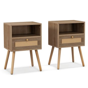 Costway Juego de 2 Mesitas de Noche de Ratán con Cajón Mesa Decorativa Multifuncional para Sala de Estar Dormitorio 40 x 30 x 60,5 cm Natural
