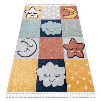 Alfombra Yoyo Gd52 Gris / Amarillo - Estrellas, Nubes, Patchwork Para  80x150 Cm