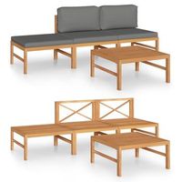 conjunto de muebles de jardin 4 uds  mesa y sillas madera de teca y cojines gris