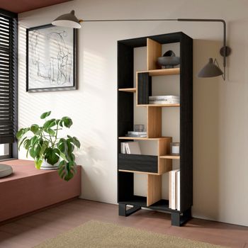 Librería efecto madera negro y roble 67x31x174cm con patas