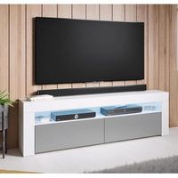 mueble tv con led  mueble de television  mueble de salon  2 puertas  140x50x35cm  modelo aker  blanco con gris acabado en brillo