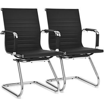 Costway Juego de 2 Sillas de Oficina Silla de Conferencia y Recepción Moderna Piel de PU Sillas de Invitados Respaldo Medio 54 x 63 x 92 cm Negro