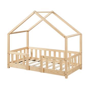 Cama Para Niños De Madera Pino - 70 X 140 Cm - Cama Infantil Con Reja Protectora - Casita - Forma De Casa - Pino Natural [en.casa]®