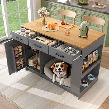 Isla De Cocina Rectangular De 120 X 60 X 90 Cm Con Tres Cajones Y Espacio Para Mascotas
