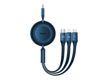 Cable USB - Baseus 3-en-1 Bright Mirror, 100W, retráctil, Carga rápida multidispositivo, USB-C a USB-C-Lightning-Micro, 110 cm, Negro