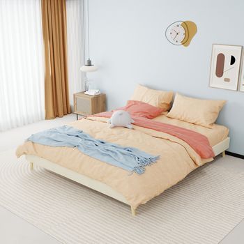 Estructura De Cama 160x200 Cm Beige, Tapizada Y De Perfil Bajo