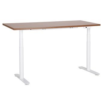 Escritorio De Altura Regulable Eléctrico Diseño Moderno Patas Redondas 160 X 72 Cm Tablero Madera Oscura Soporte De Acero Blanco Destinas