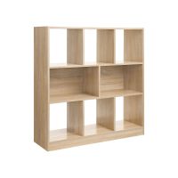 libreria de madera con cubos y estantes roble