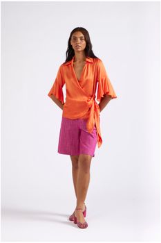 camisa cruzada de satén orange xs