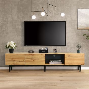 Mueble De Tv Moderno, Diseño En Madera Natural Y Negro, Iluminación Led De 16 Colores, Con 3 Puertas, 2 Cajones Y Cristal, (175x31x41cm)